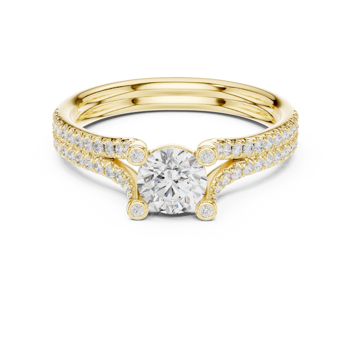 Round Brilliant Diamond Split Shank Pavé Engagement Ring with Cathedral Side Stones