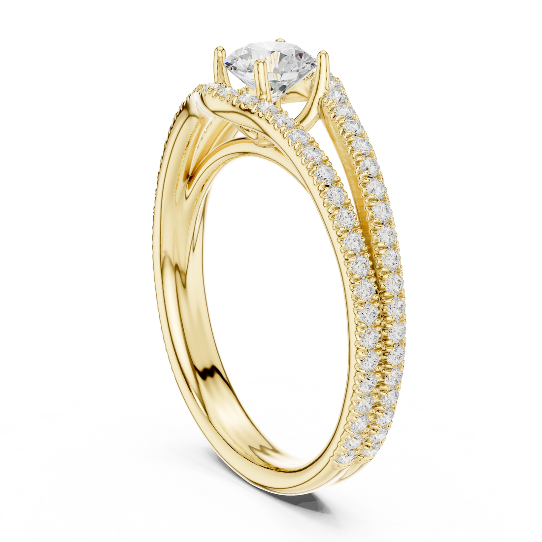 Round Brilliant Diamond Split Shank Pavé Solitaire Engagement Ring