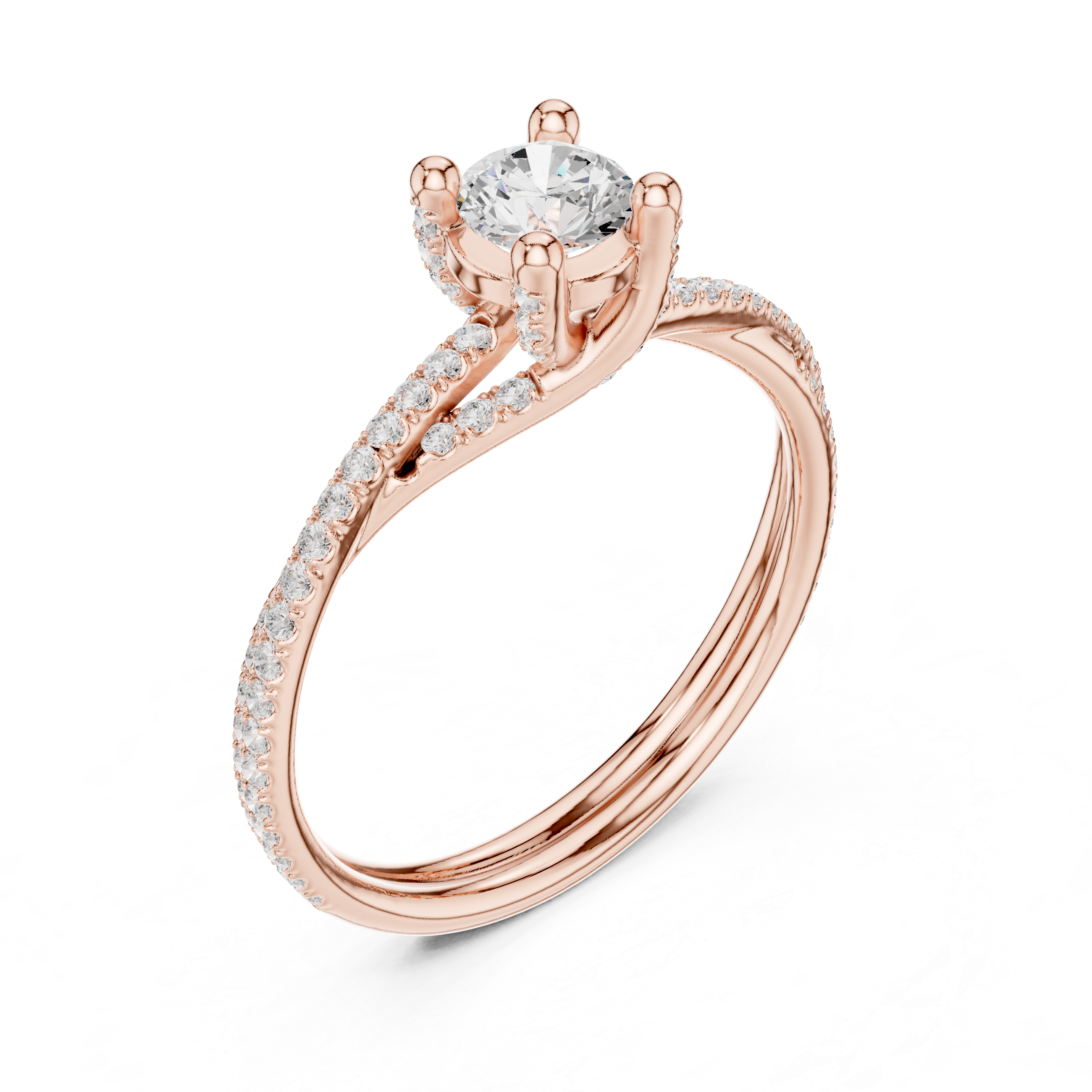 Round Brilliant Diamond Twist Split Shank Engagement Ring with Pavé Side Stones