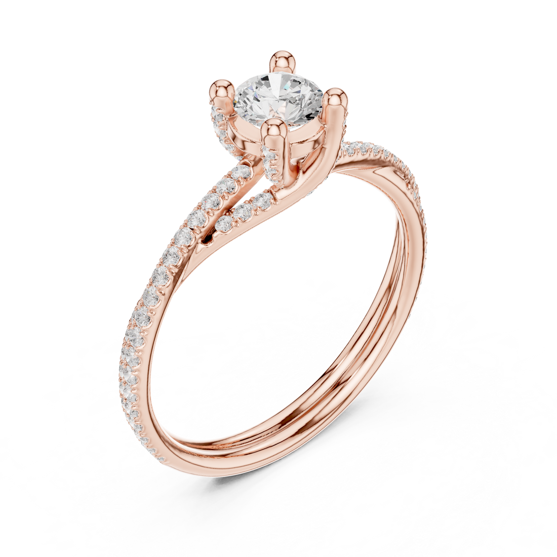 Round Brilliant Diamond Twist Split Shank Engagement Ring with Pavé Side Stones