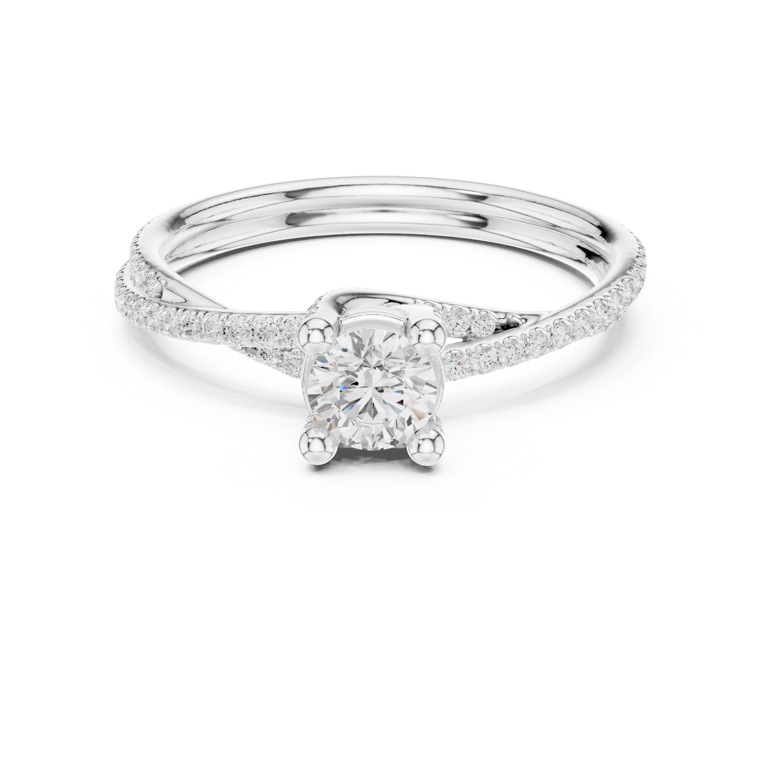 Round Brilliant Diamond Twist Split Shank Engagement Ring with Pavé Side Stones