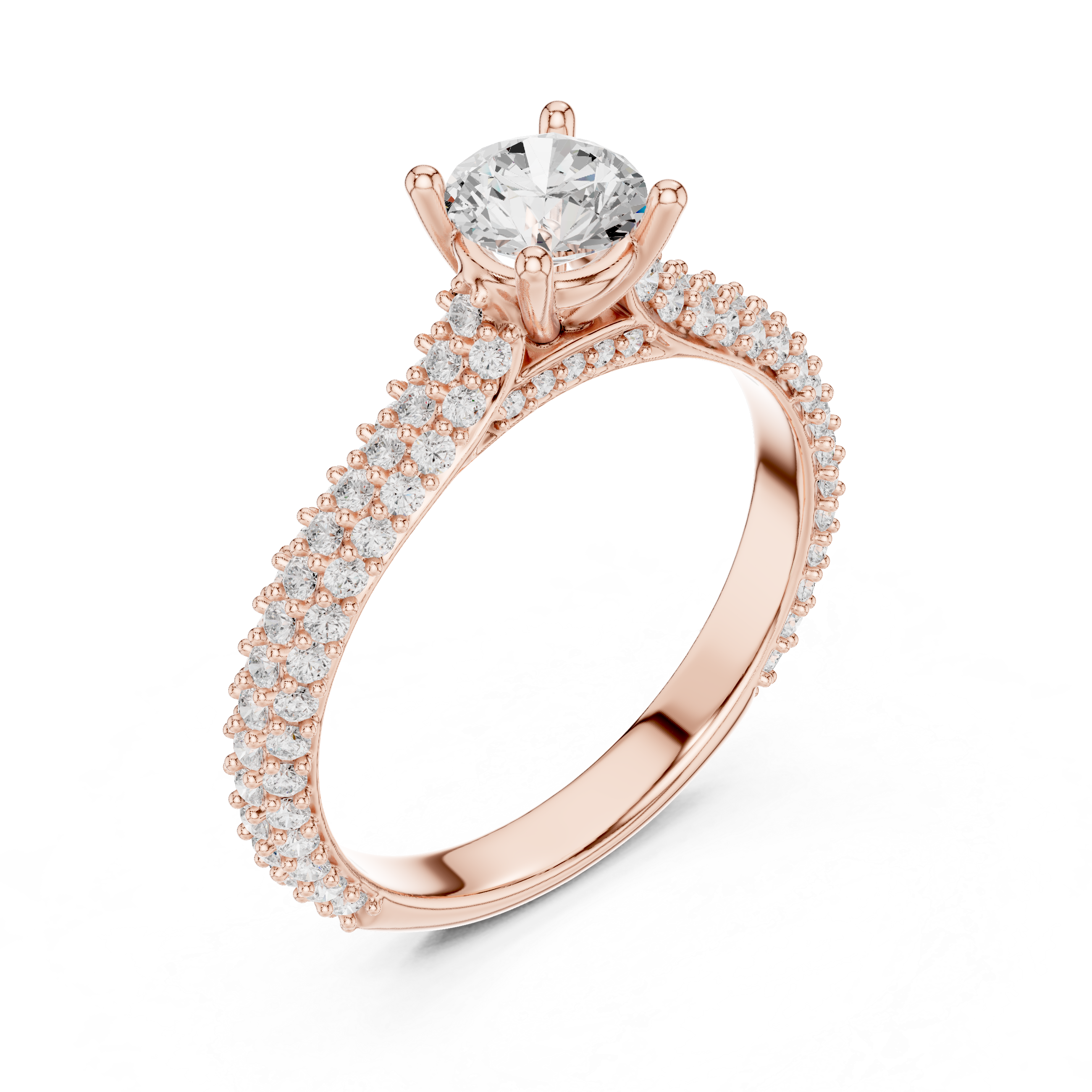 Round Cut Diamond Beaded Pavé Solitaire Ring with Sculpted Band