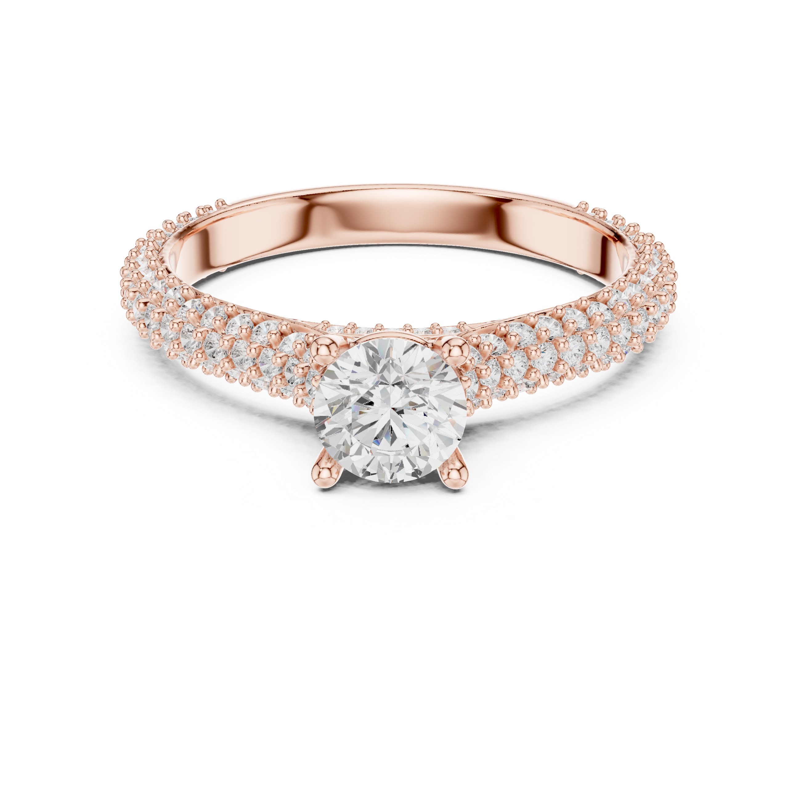 Round Cut Diamond Beaded Pavé Solitaire Ring with Sculpted Band