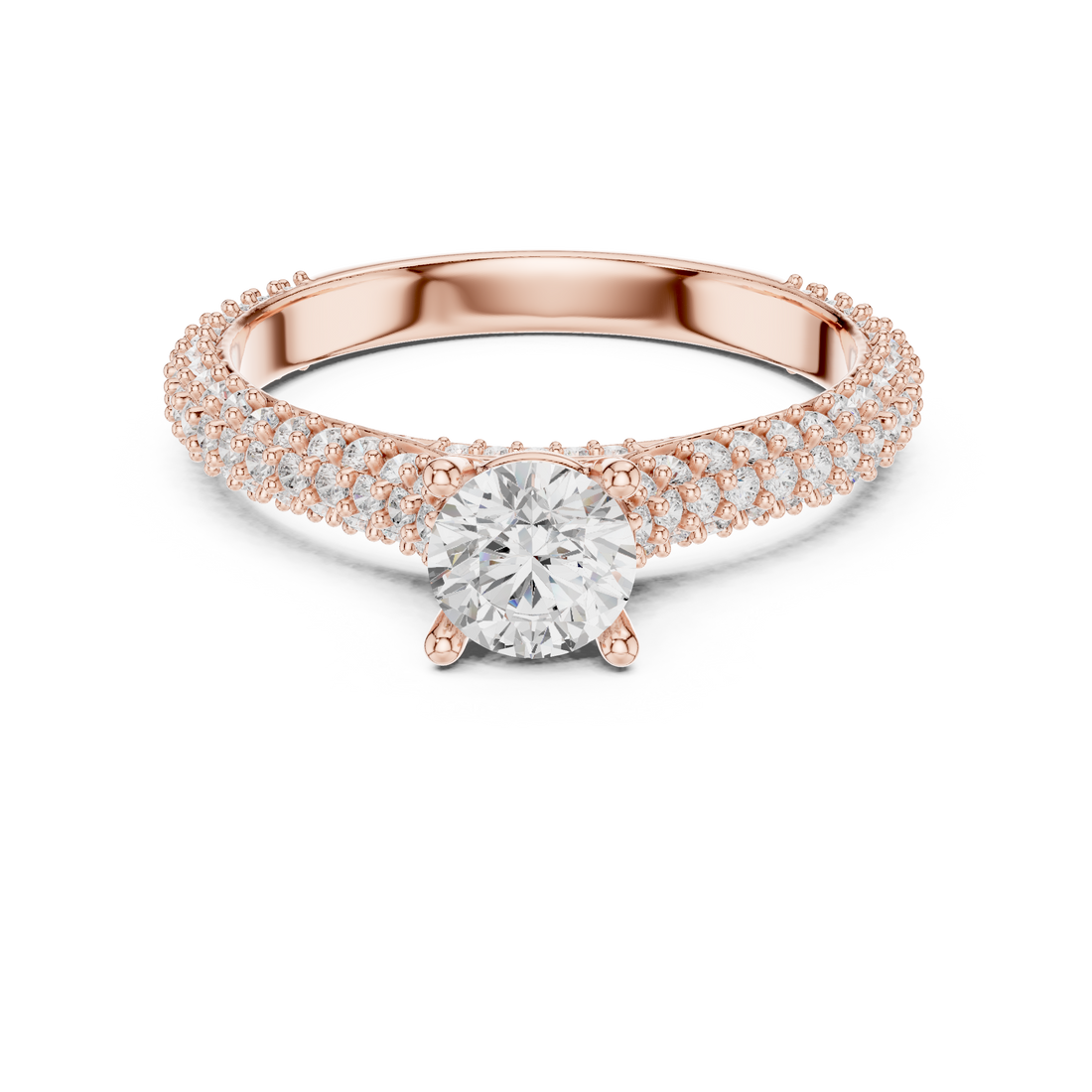 Round Cut Diamond Beaded Pavé Solitaire Ring with Sculpted Band