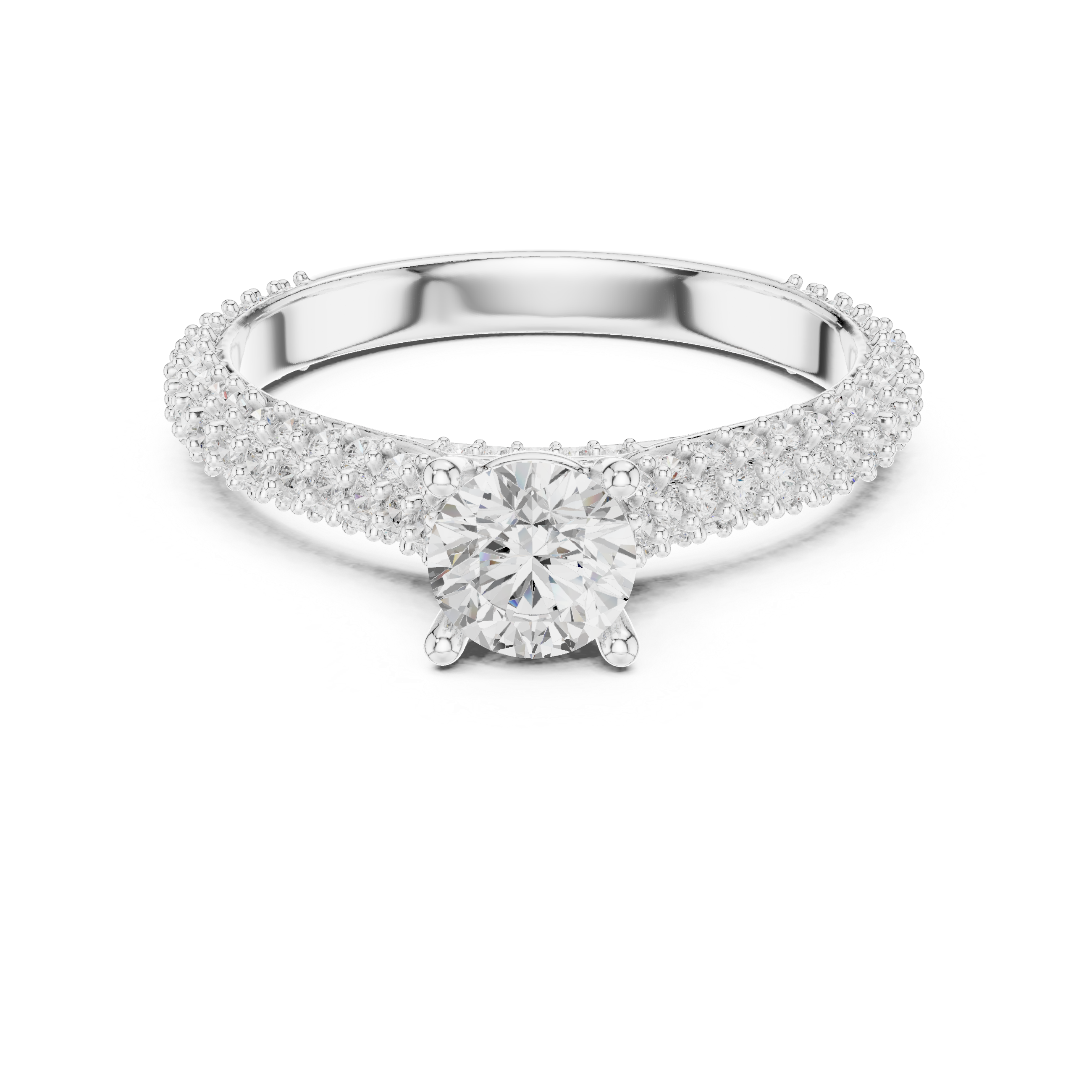 Round Cut Diamond Beaded Pavé Solitaire Ring with Sculpted Band