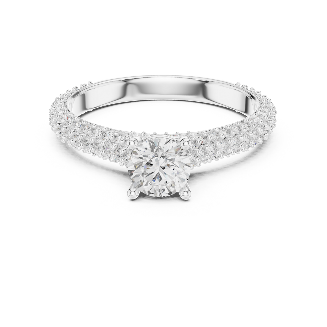 Round Cut Diamond Beaded Pavé Solitaire Ring with Sculpted Band