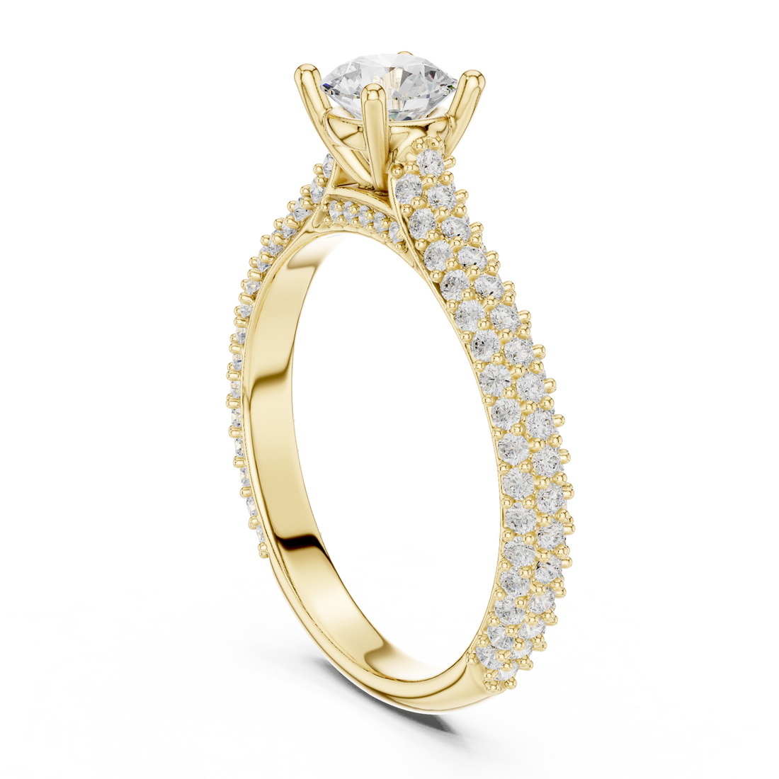 Round Cut Diamond Beaded Pavé Solitaire Ring with Sculpted Band