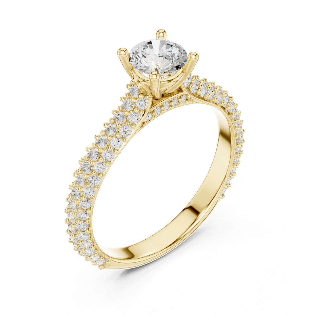 Round Cut Diamond Beaded Pavé Solitaire Ring with Sculpted Band