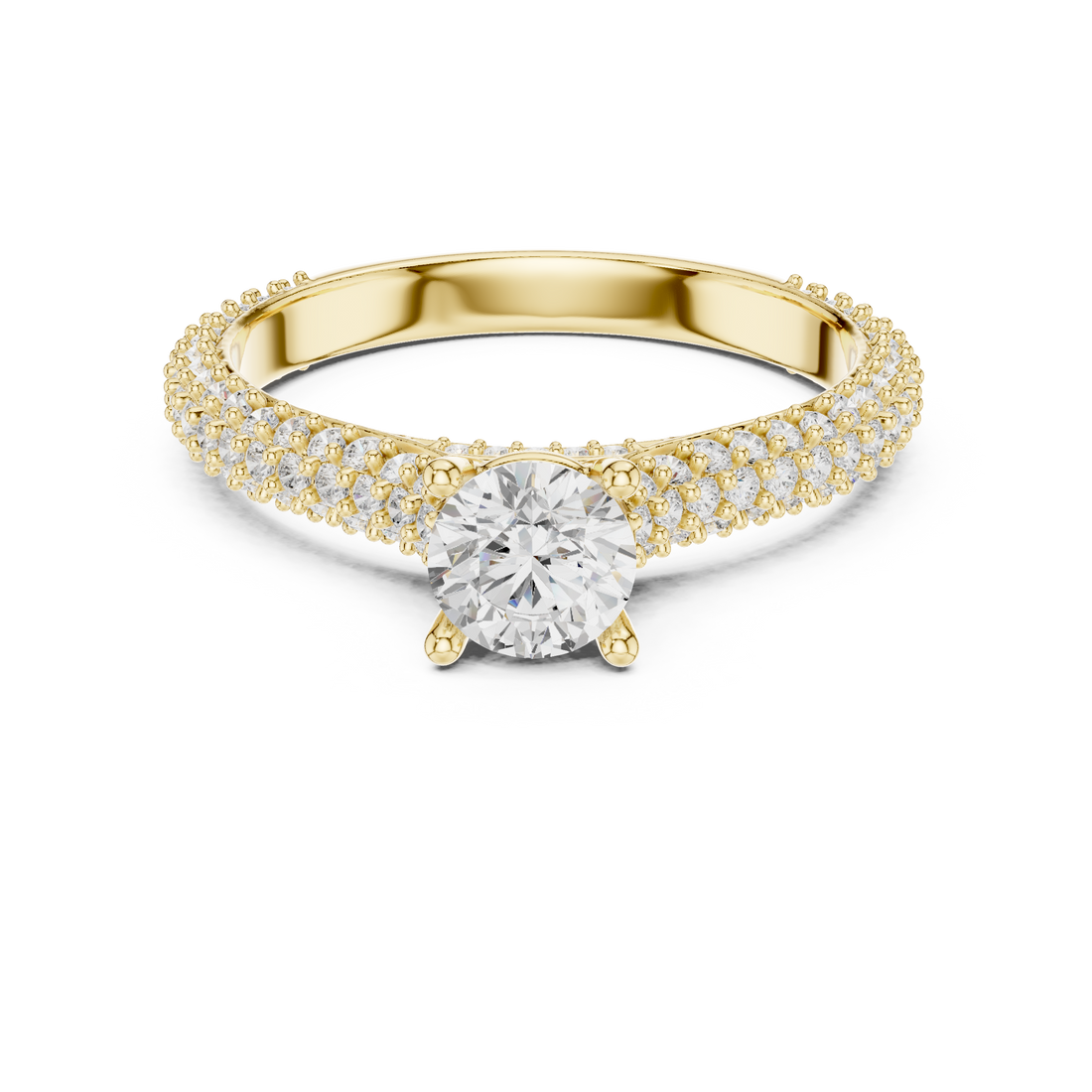 Round Cut Diamond Beaded Pavé Solitaire Ring with Sculpted Band
