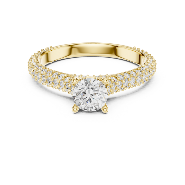 Round Cut Diamond Beaded Pavé Solitaire Ring with Sculpted Band