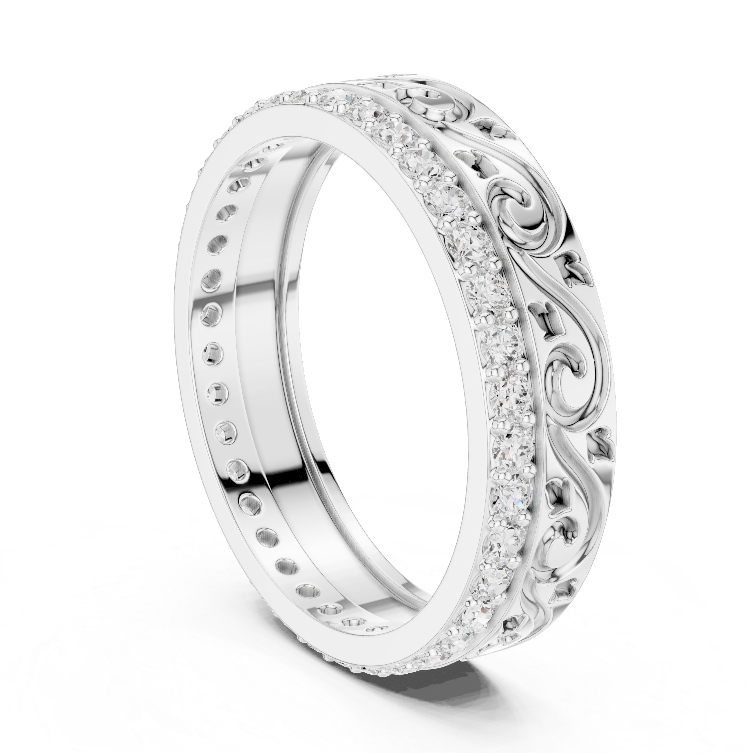 Vintage Scroll Engraved Round Diamond Eternity Band Ring