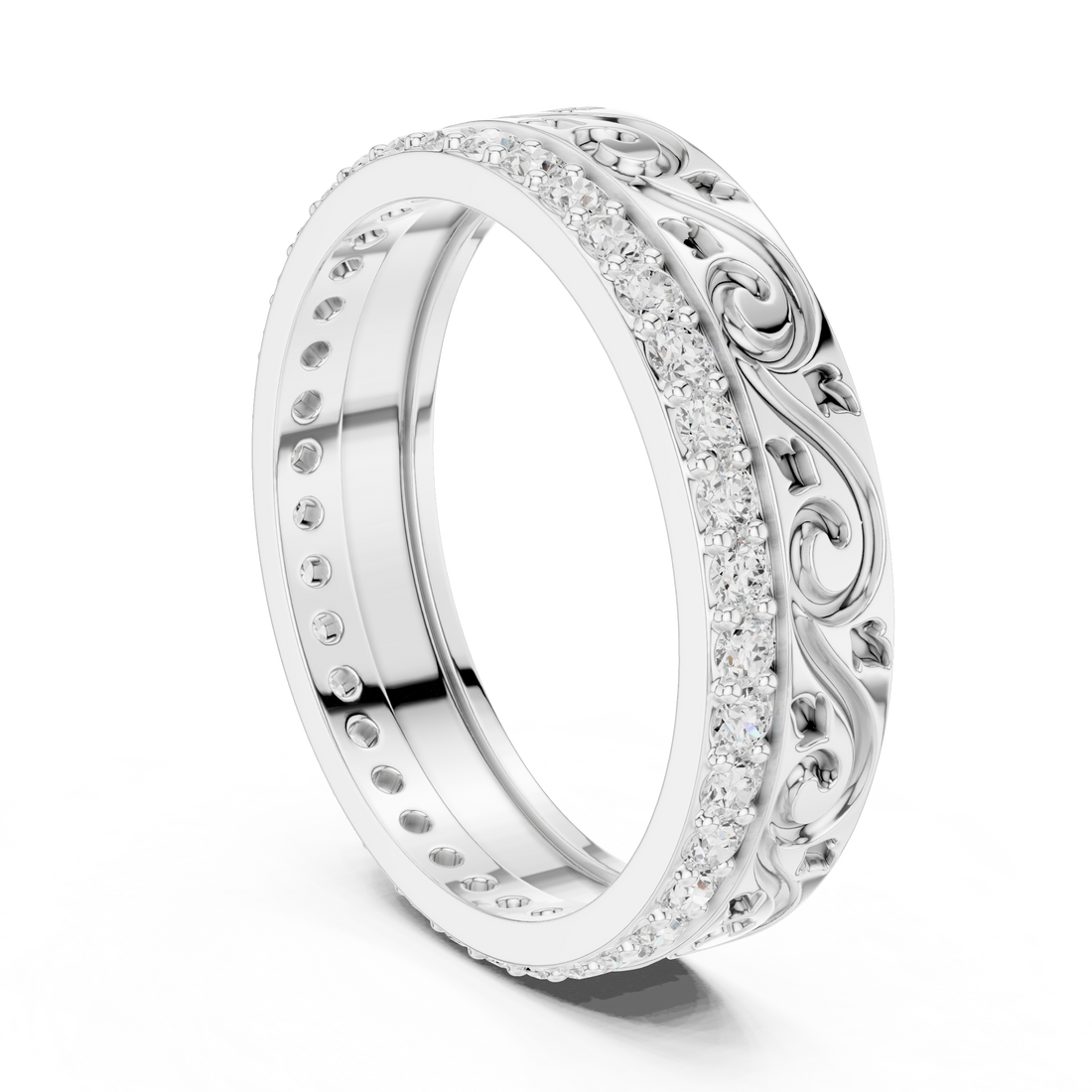 Vintage Scroll Engraved Round Diamond Eternity Band Ring