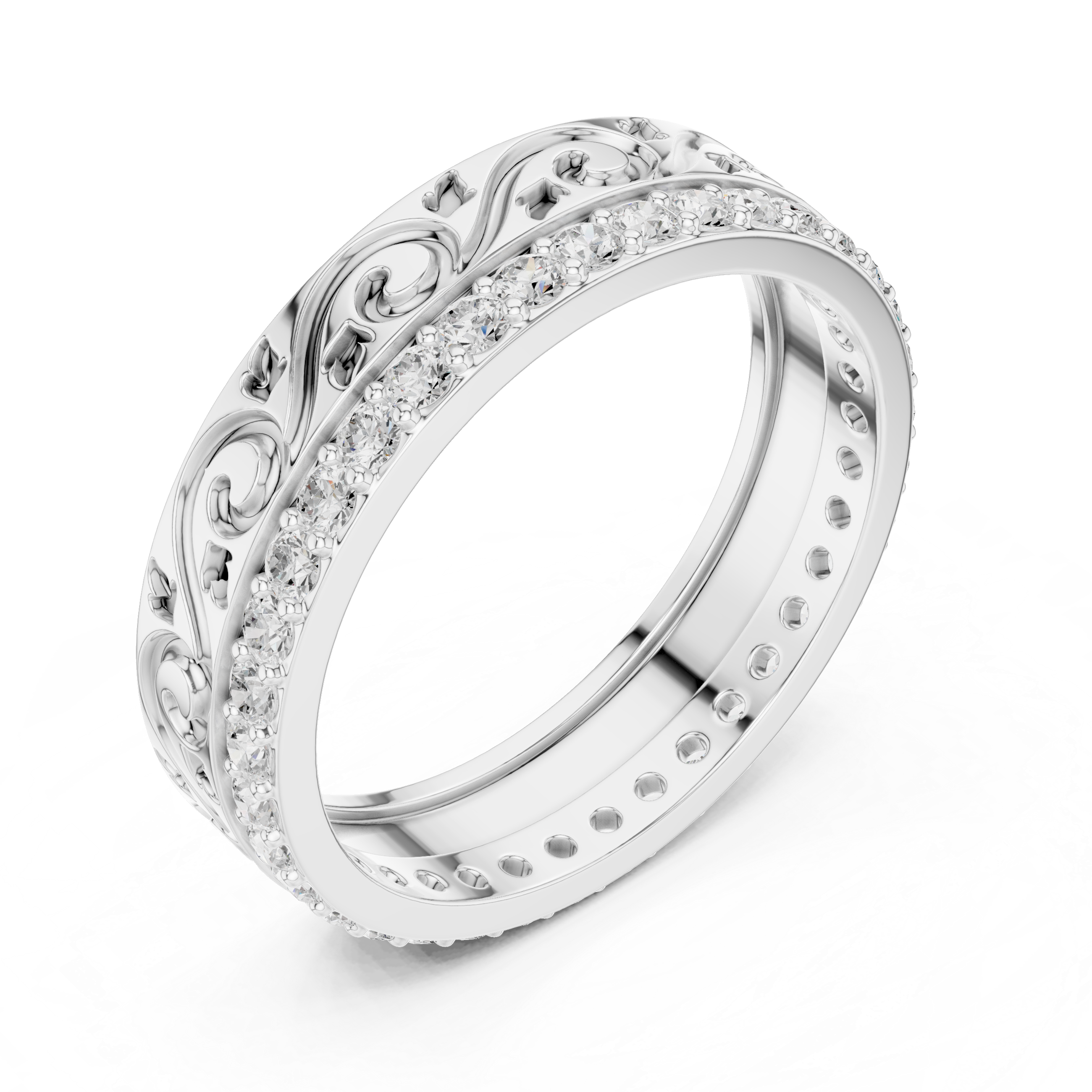Vintage Scroll Engraved Round Diamond Eternity Band Ring