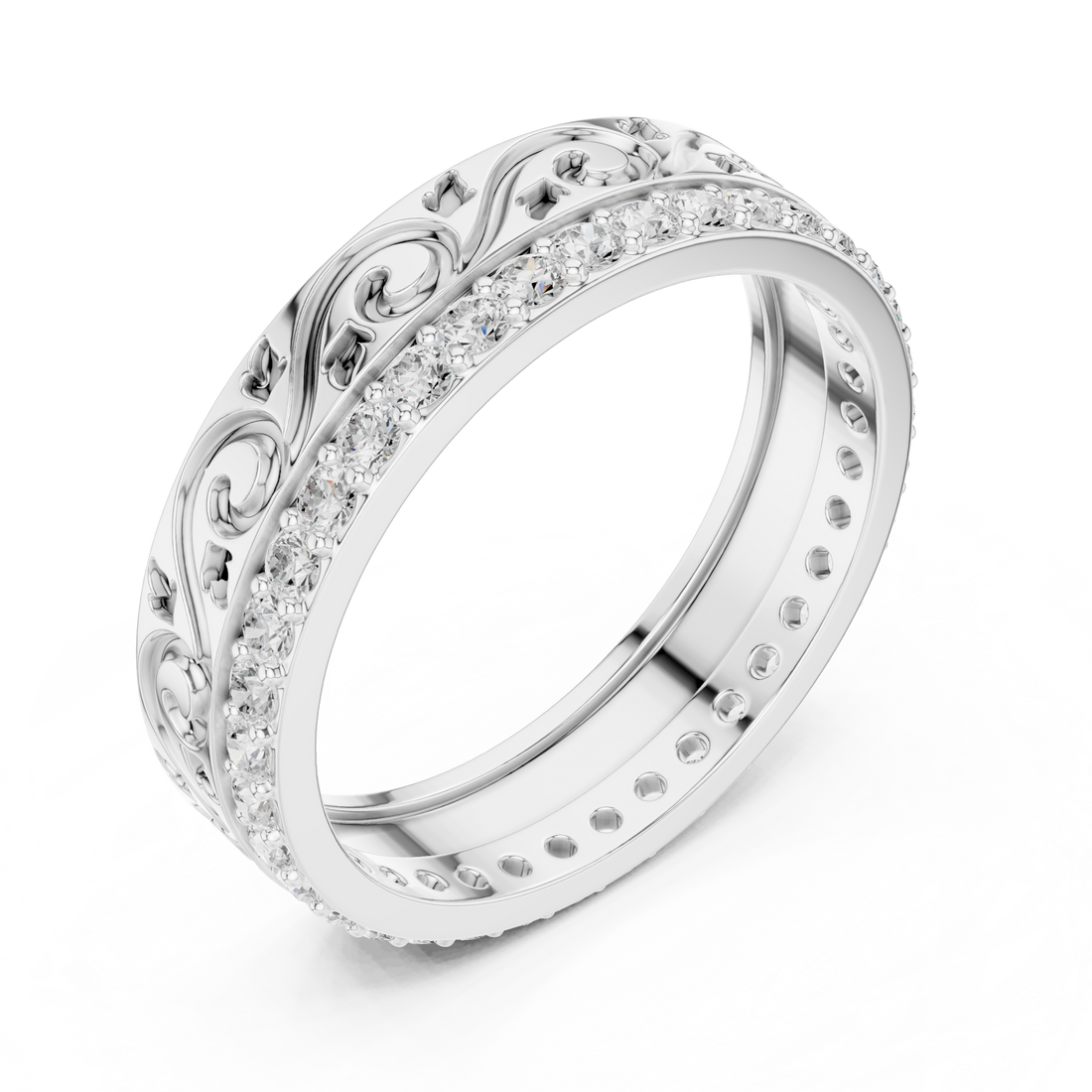 Vintage Scroll Engraved Round Diamond Eternity Band Ring