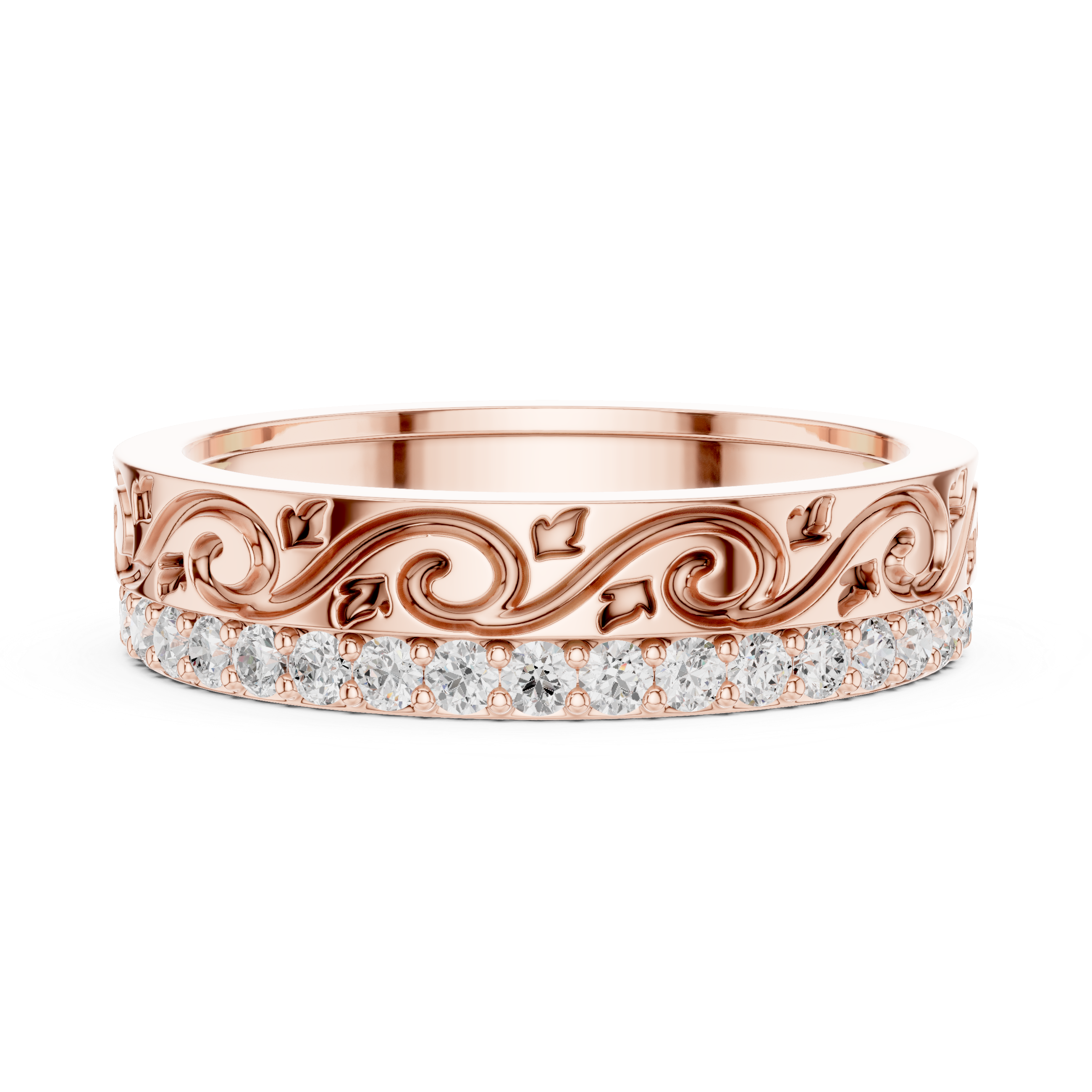 Vintage Scroll Engraved Round Diamond Eternity Band Ring