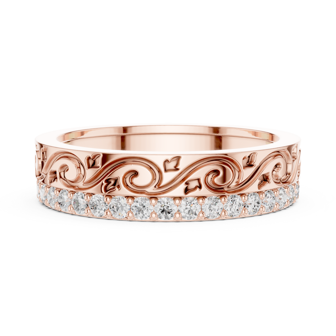 Vintage Scroll Engraved Round Diamond Eternity Band Ring