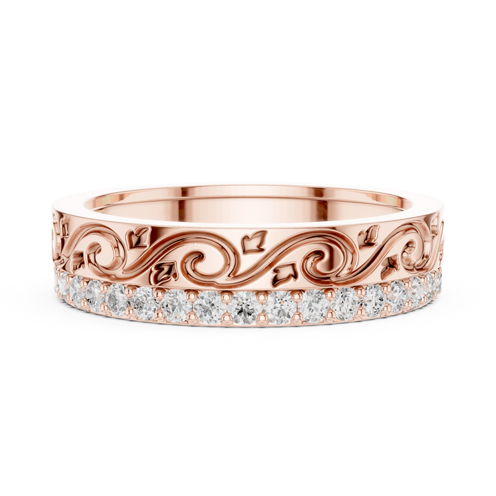 Vintage Scroll Engraved Round Diamond Eternity Band Ring