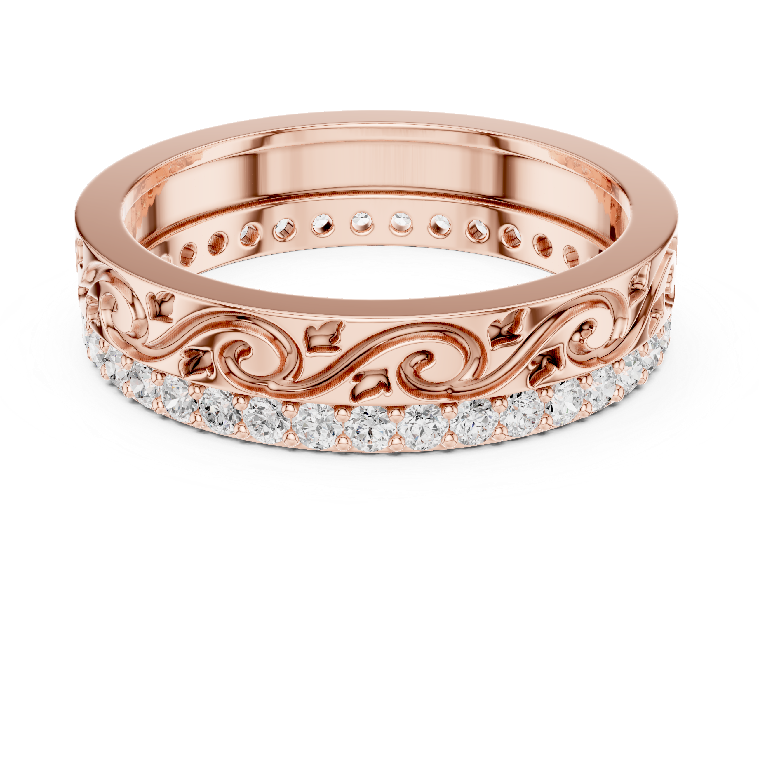 Vintage Scroll Engraved Round Diamond Eternity Band Ring