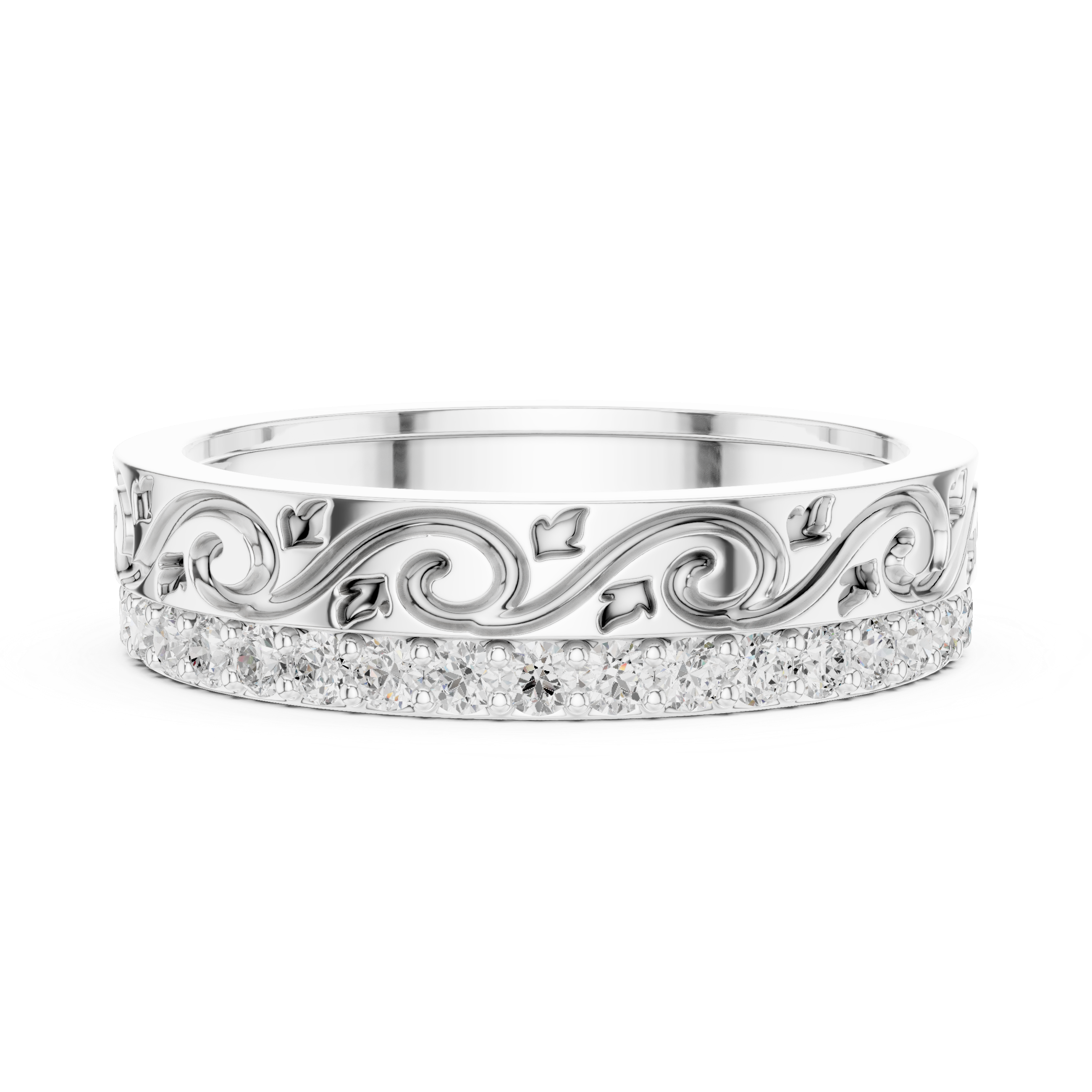 Vintage Scroll Engraved Round Diamond Eternity Band Ring