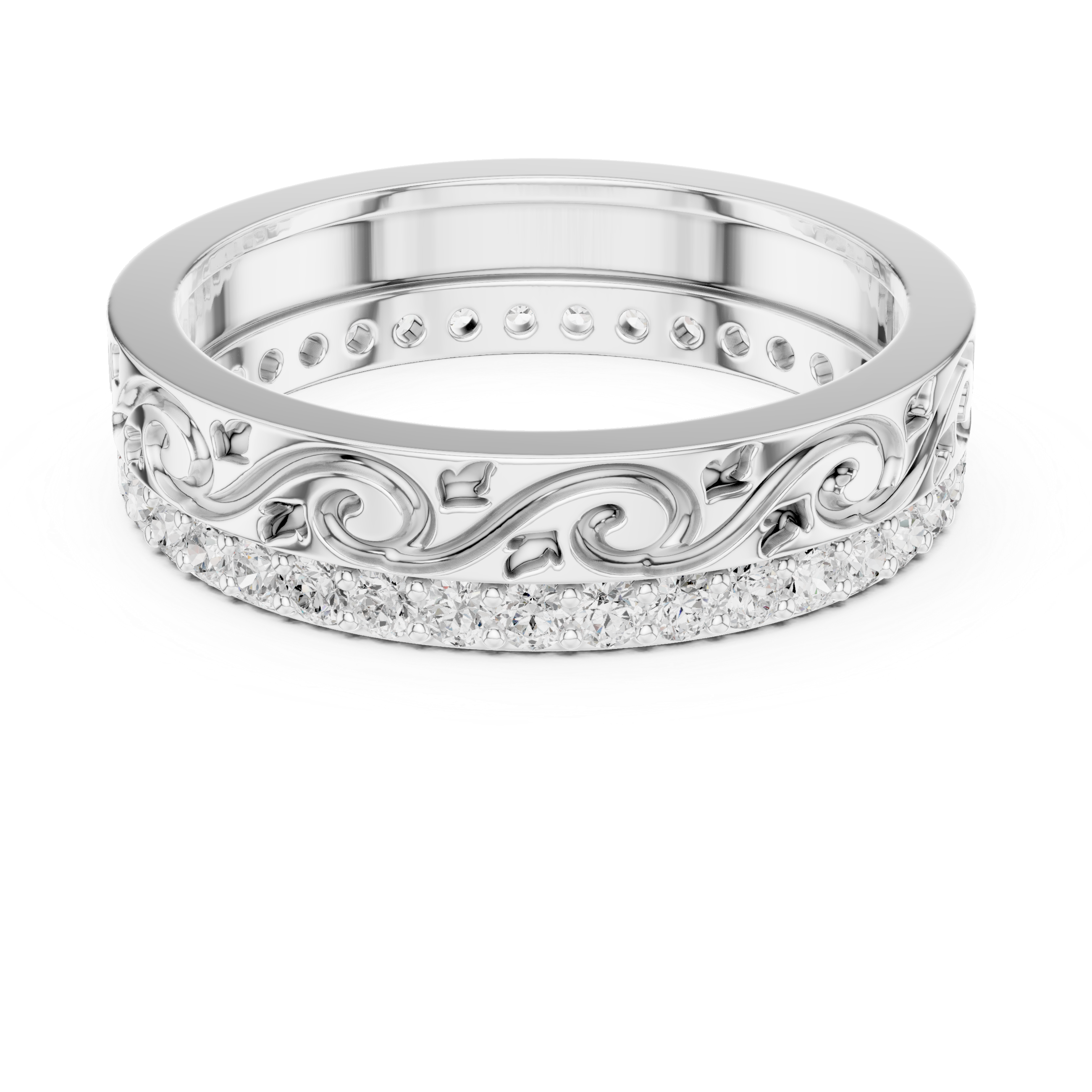 Vintage Scroll Engraved Round Diamond Eternity Band Ring