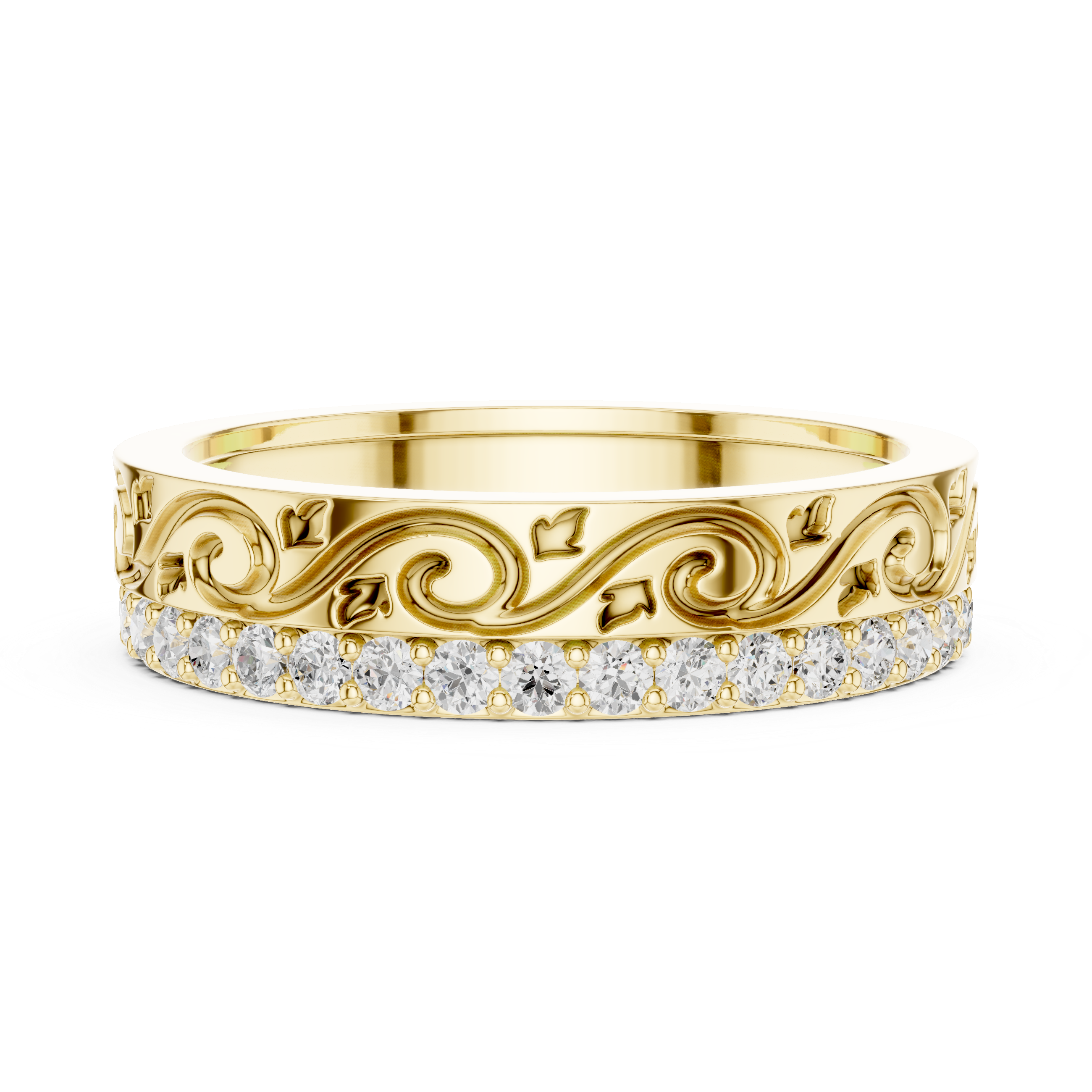 Vintage Scroll Engraved Round Diamond Eternity Band Ring