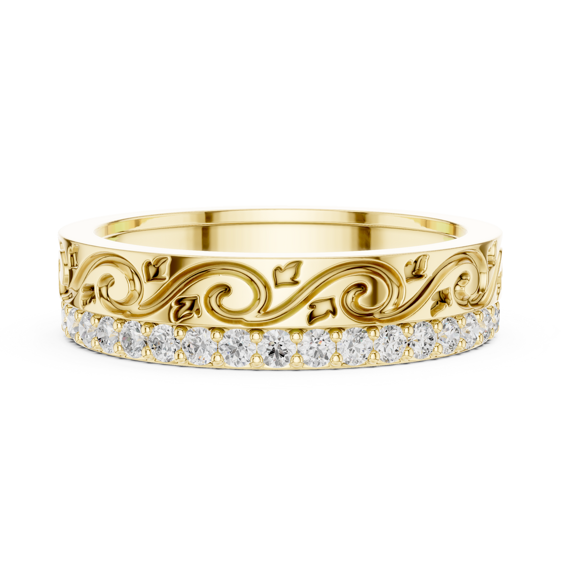 Vintage Scroll Engraved Round Diamond Eternity Band Ring