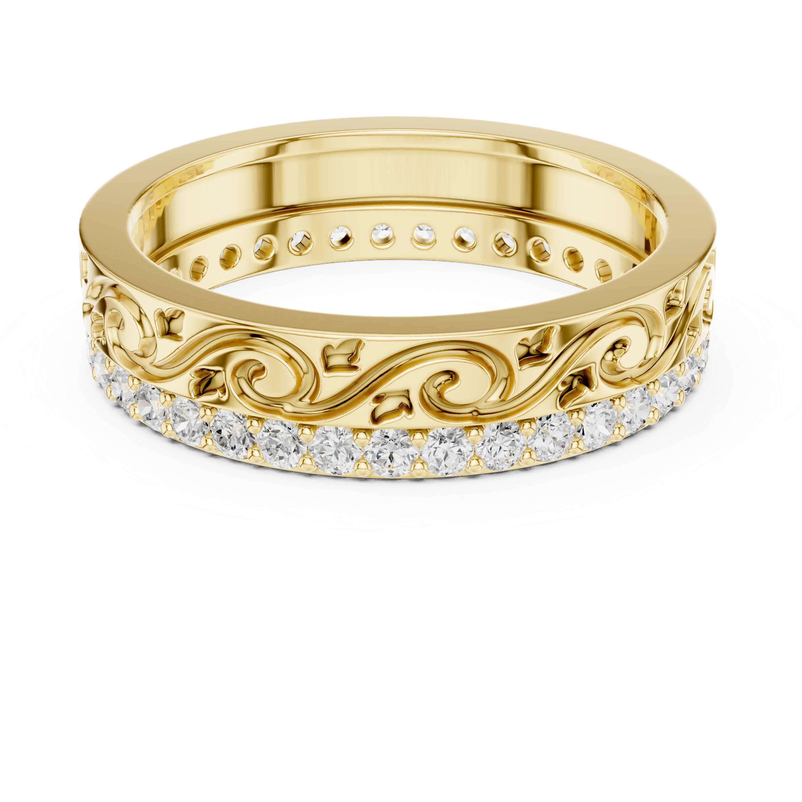 Vintage Scroll Engraved Round Diamond Eternity Band Ring