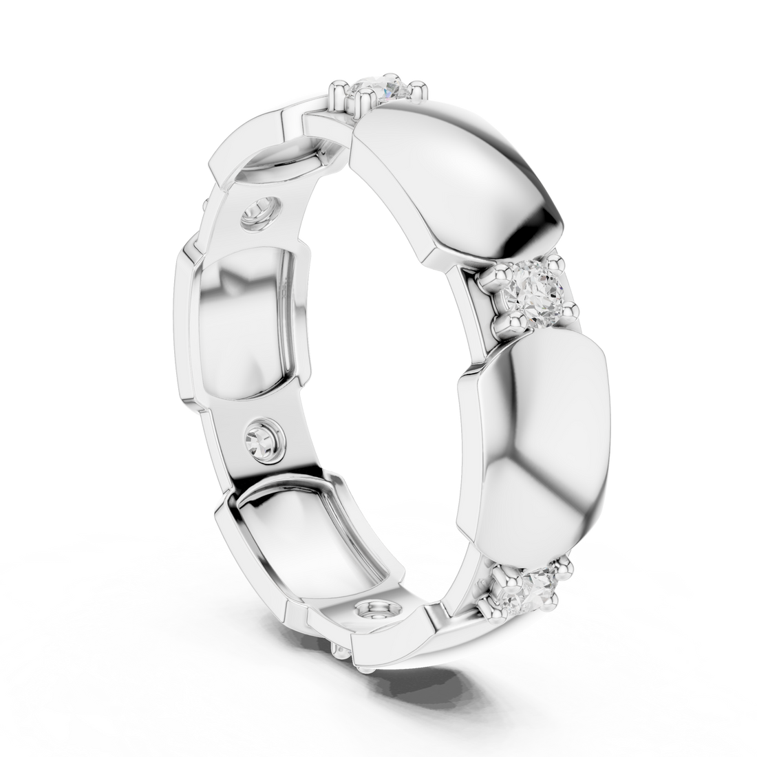 Modern three-stone diamond ring symbolizing past present and future with elegant design.