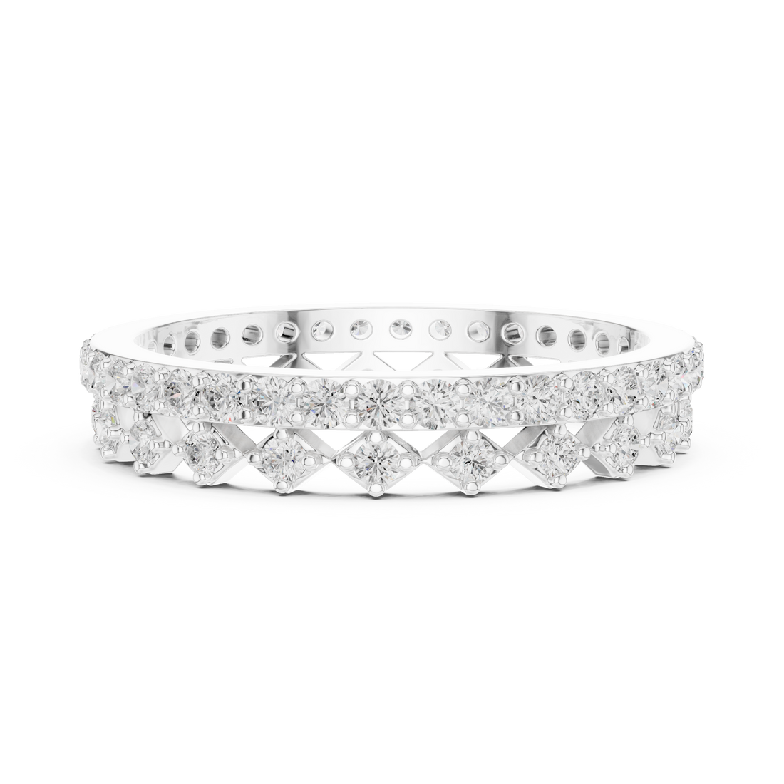 Luxury men's diamond band featuring row of sparkling stones.