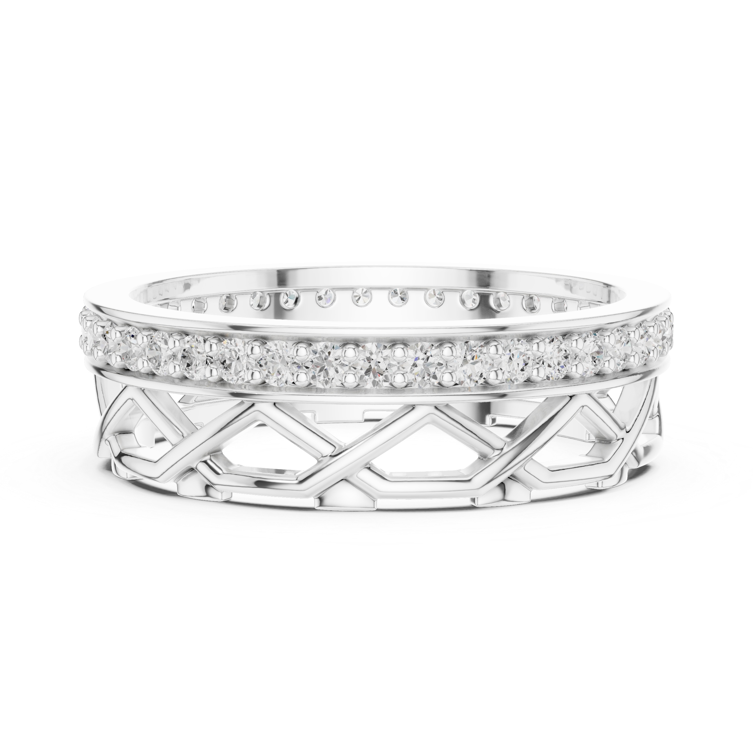 Luxury men's diamond band featuring row of sparkling stones.