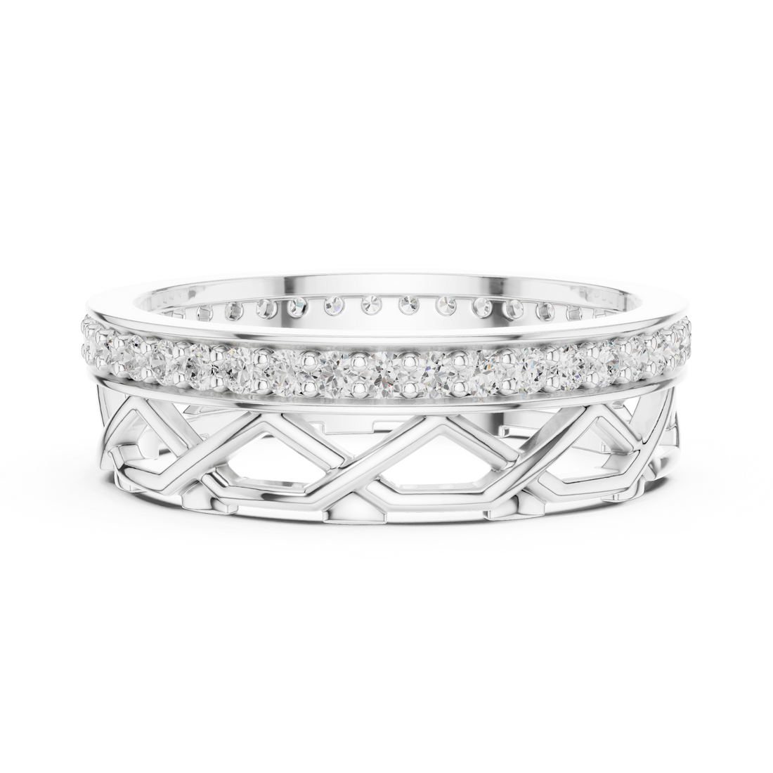 Luxury men's diamond band featuring row of sparkling stones.