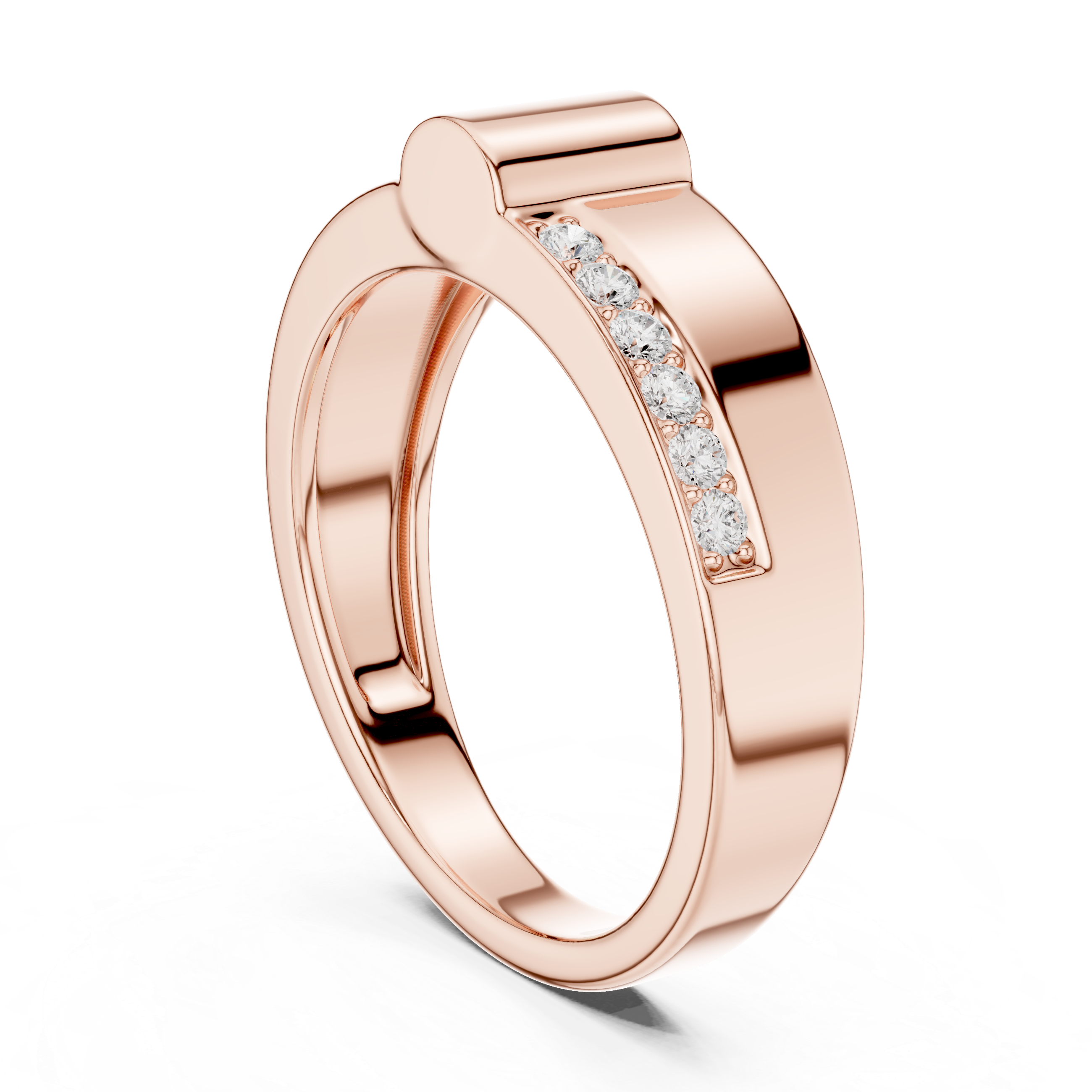 Round Cut Diamond Split Channel Accented Band with Modern Center Ridge Design