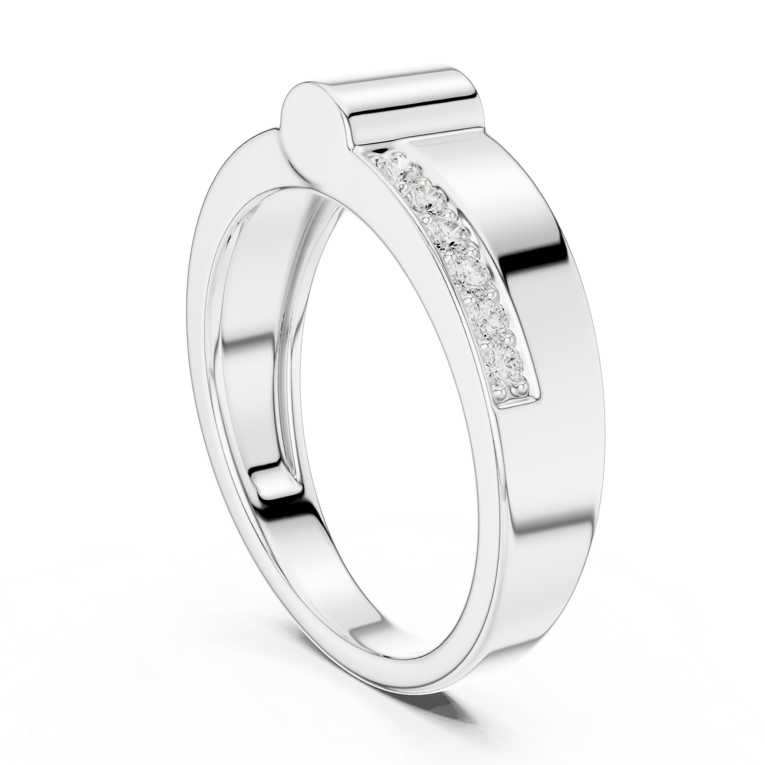 Round Cut Diamond Split Channel Accented Band with Modern Center Ridge Design