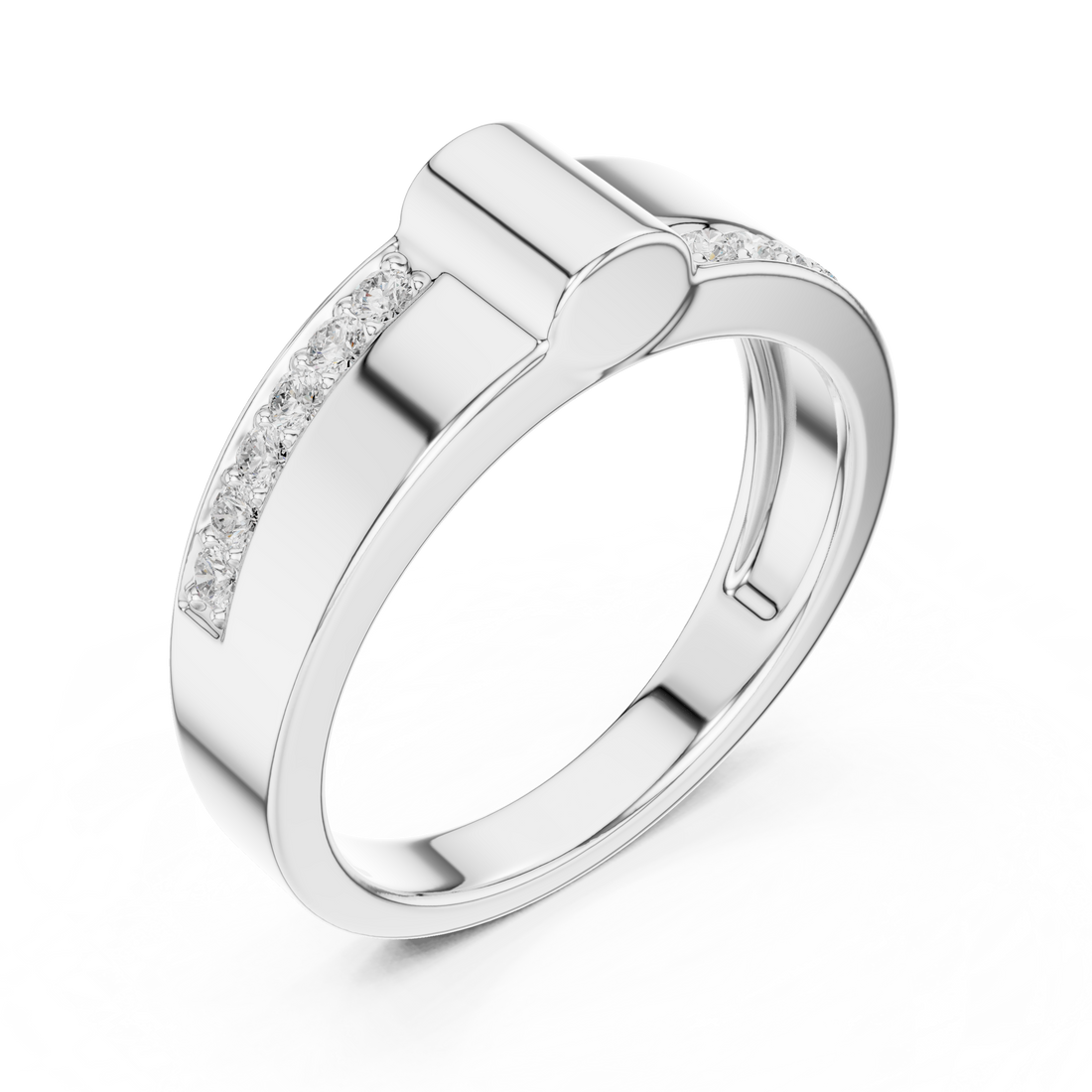 Round Cut Diamond Split Channel Accented Band with Modern Center Ridge Design