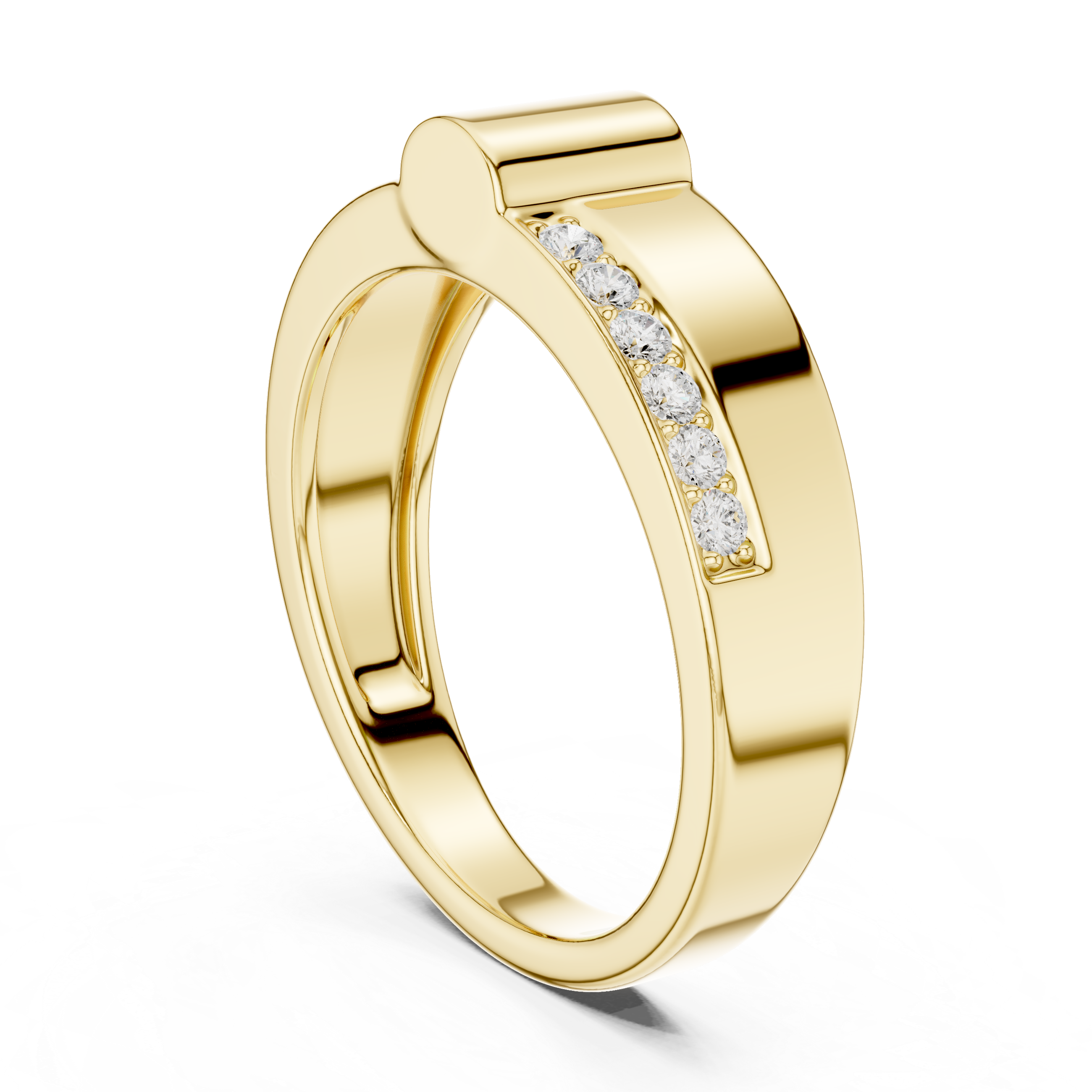 Round Cut Diamond Split Channel Accented Band with Modern Center Ridge Design