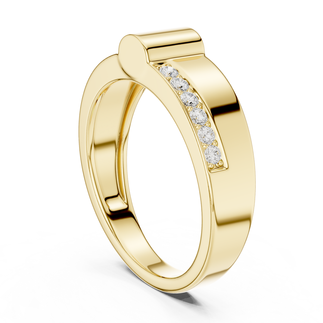 Round Cut Diamond Split Channel Accented Band with Modern Center Ridge Design