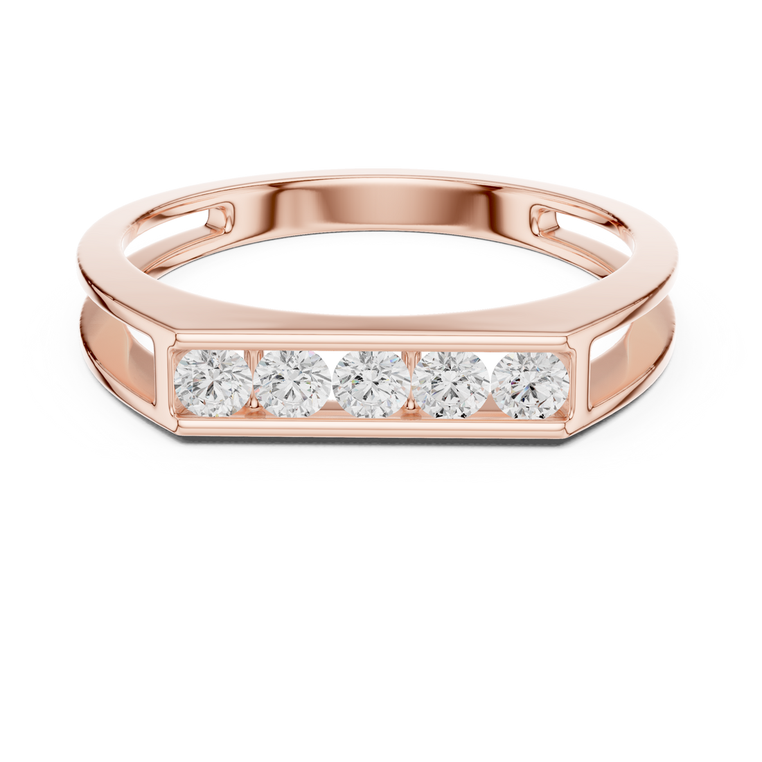 Round Cut Diamond Channel Set Five Stone Band with Open Gallery Design