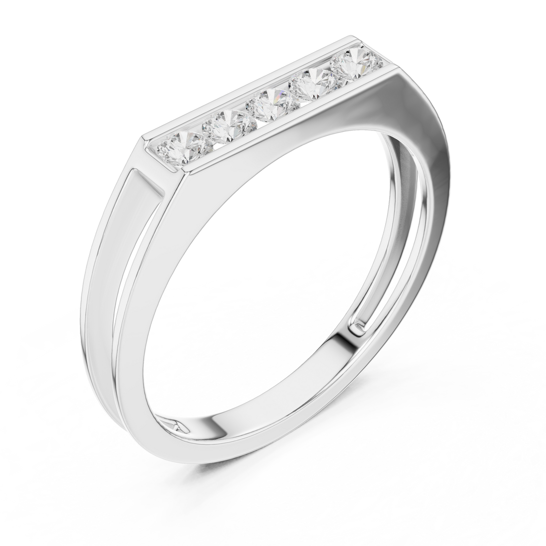 Round Cut Diamond Channel Set Five Stone Band with Open Gallery Design