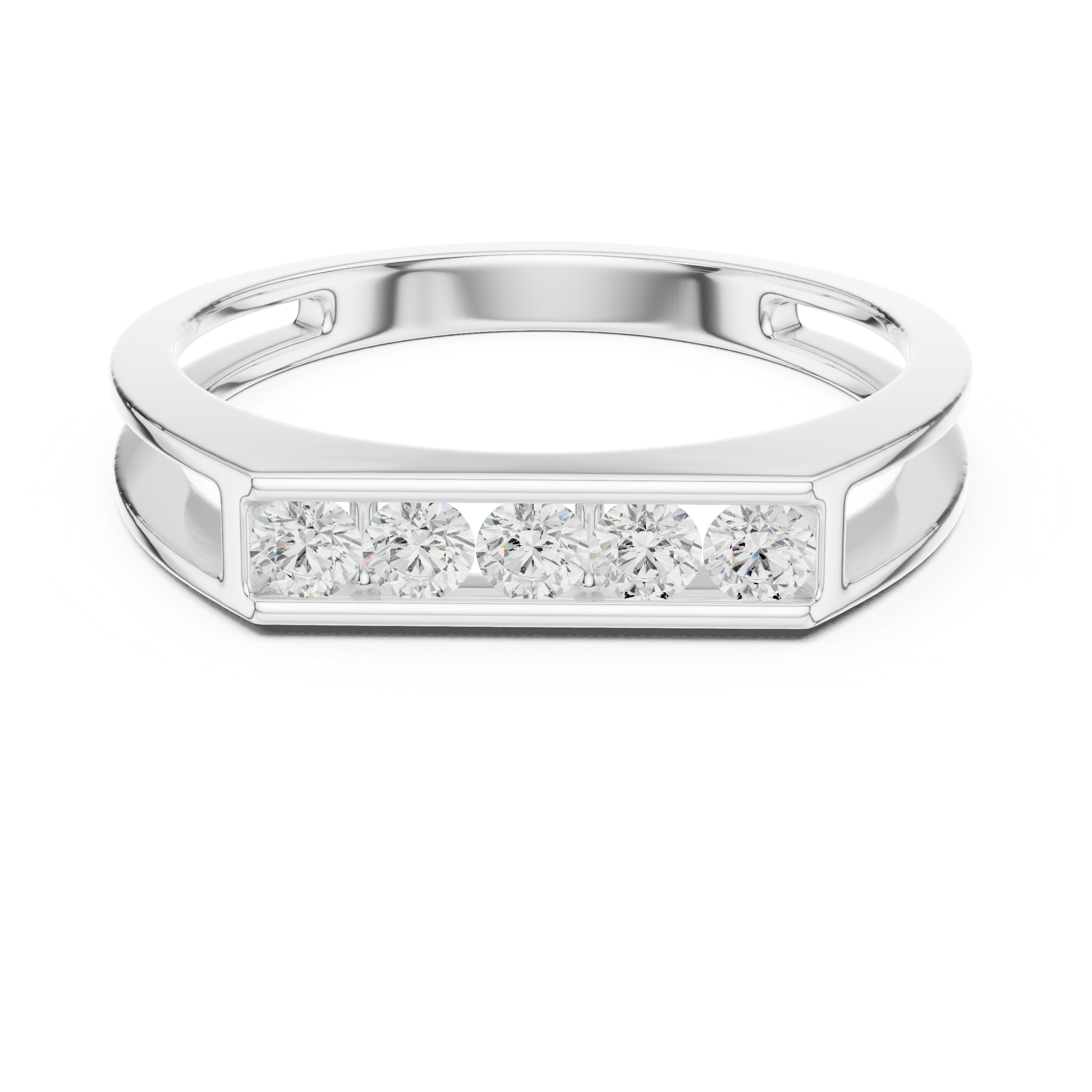Round Cut Diamond Channel Set Five Stone Band with Open Gallery Design