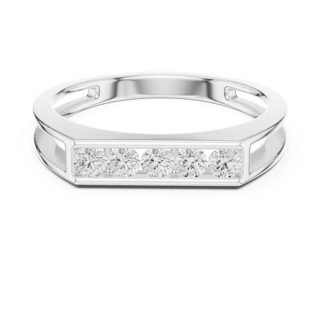 Round Cut Diamond Channel Set Five Stone Band with Open Gallery Design