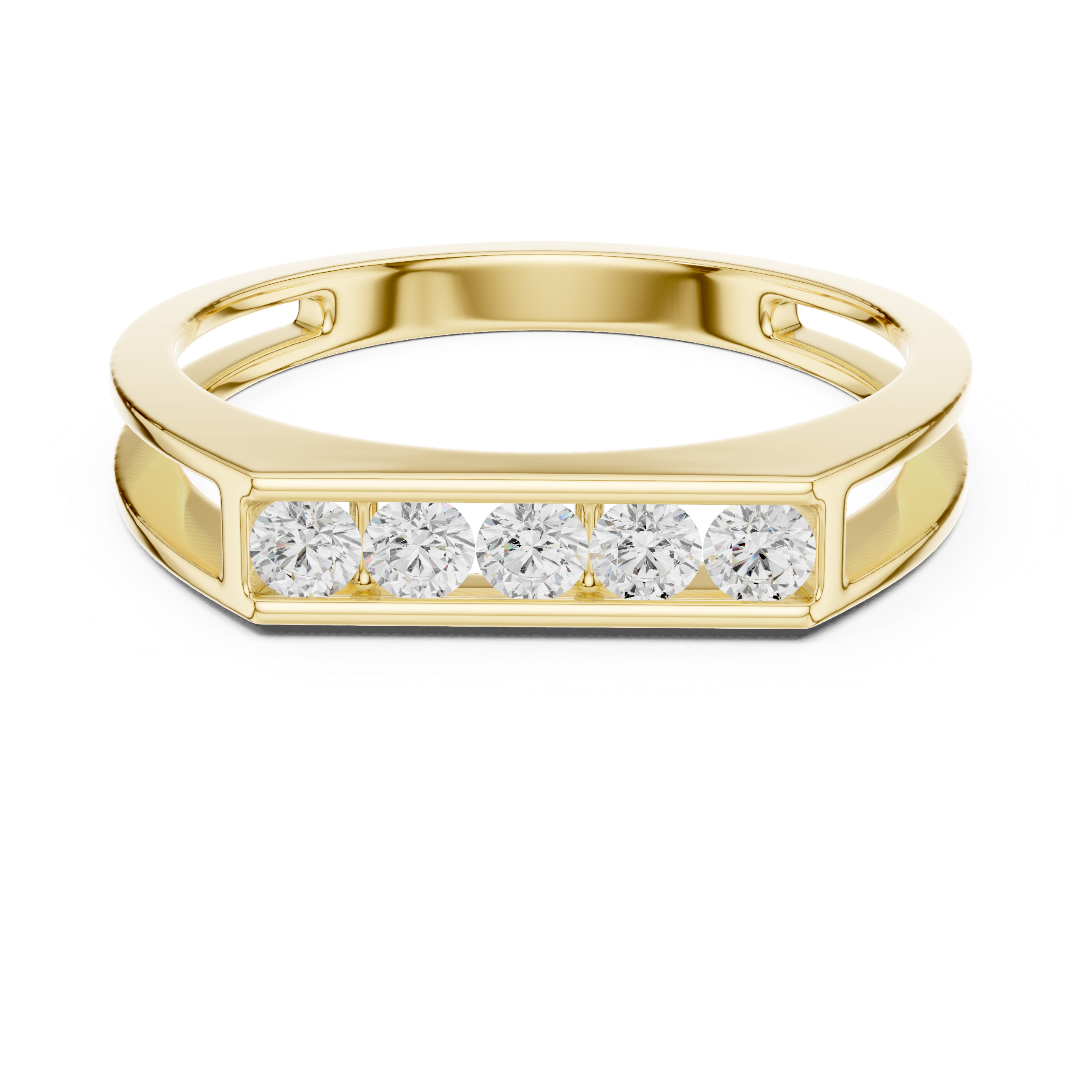 Round Cut Diamond Channel Set Five Stone Band with Open Gallery Design