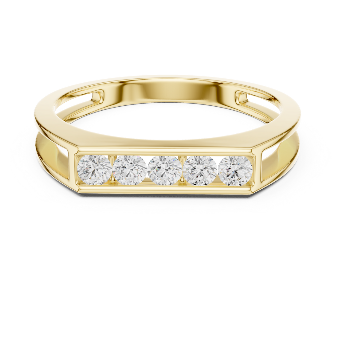 Round Cut Diamond Channel Set Five Stone Band with Open Gallery Design