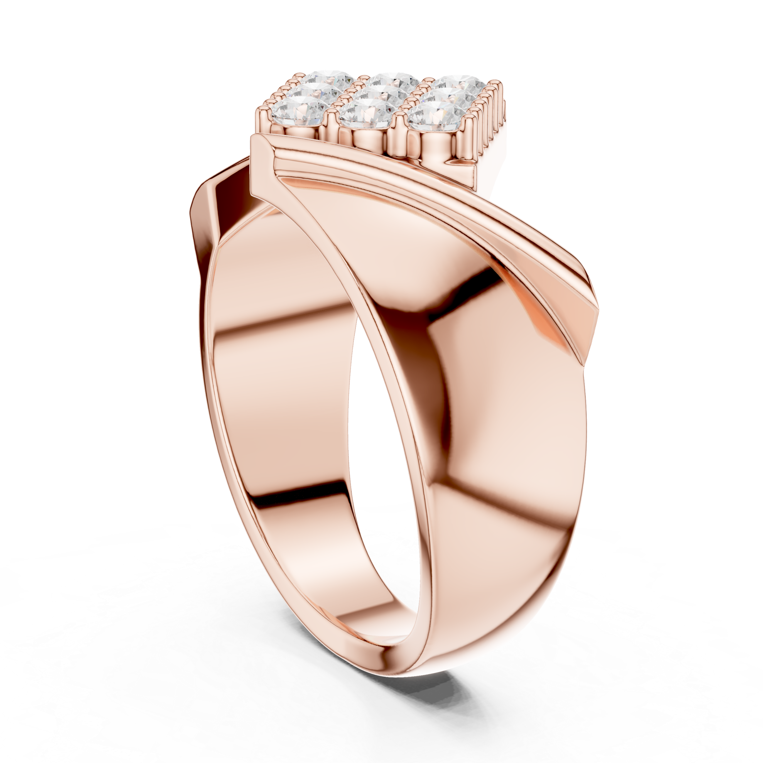Round Cut Diamond Cluster Diagonal Signet Style Band Ring