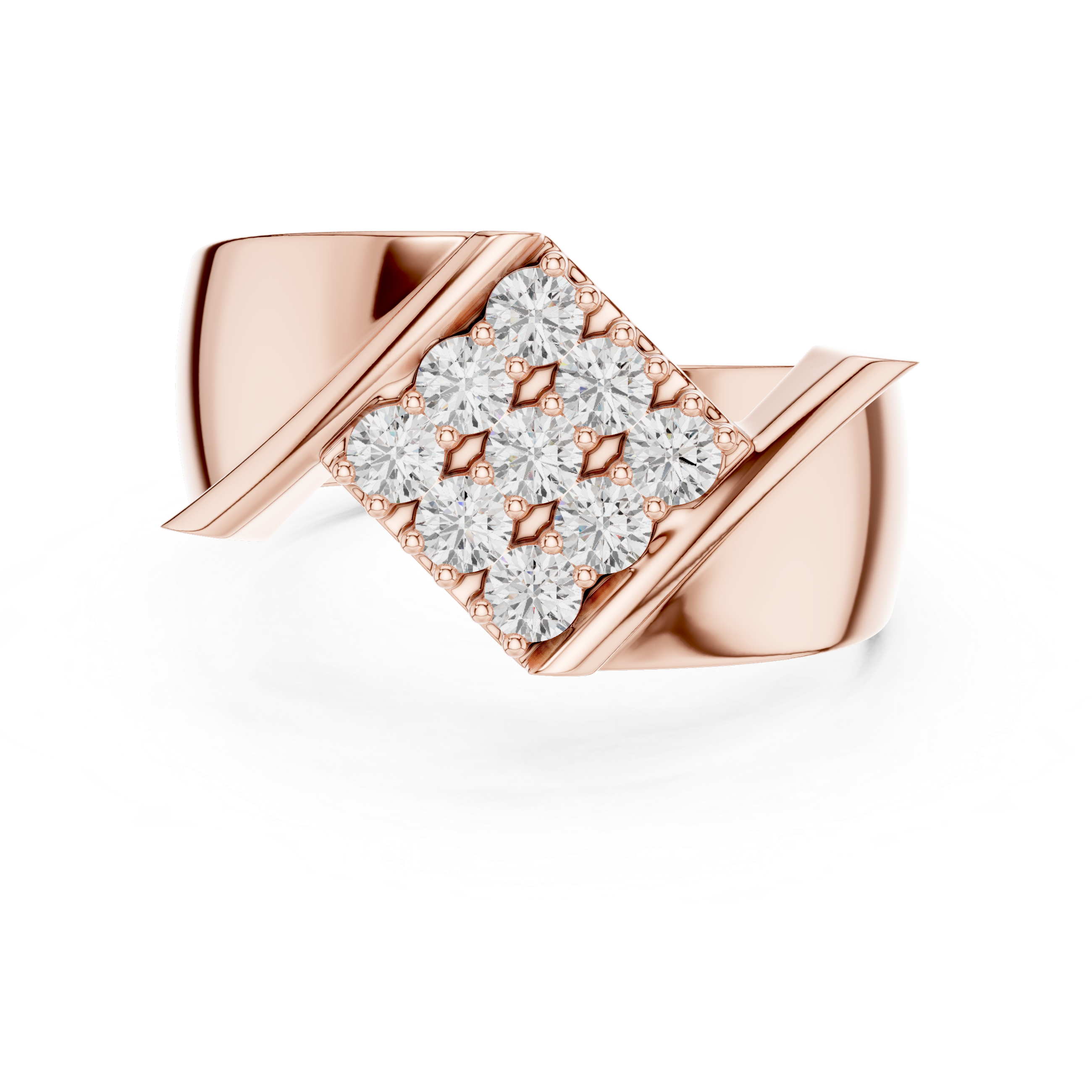 Round Cut Diamond Cluster Diagonal Signet Style Band Ring