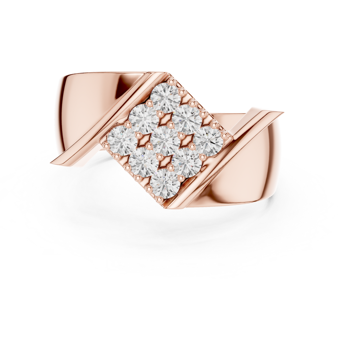 Round Cut Diamond Cluster Diagonal Signet Style Band Ring