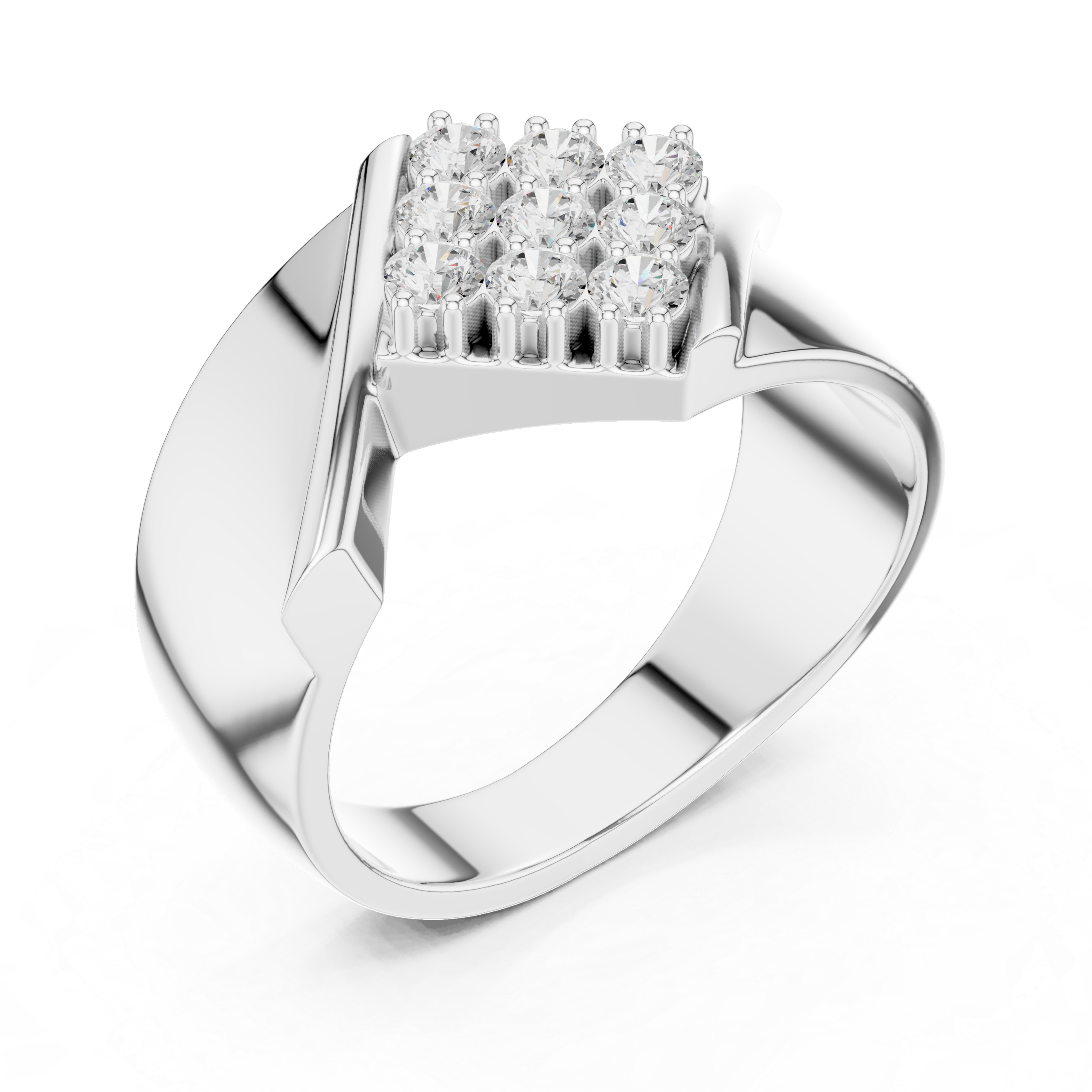 Round Cut Diamond Cluster Diagonal Signet Style Band Ring