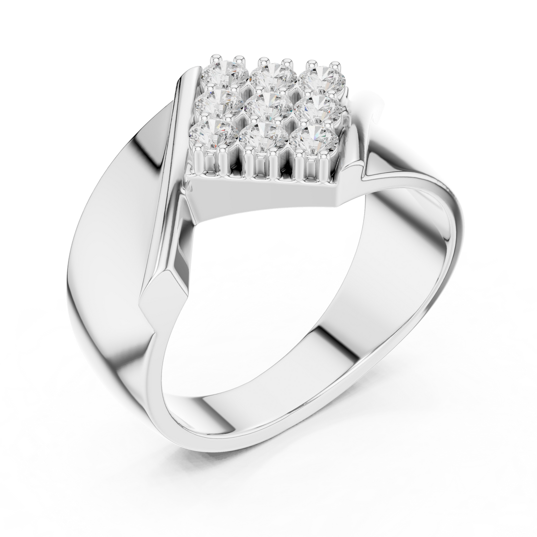 Round Cut Diamond Cluster Diagonal Signet Style Band Ring