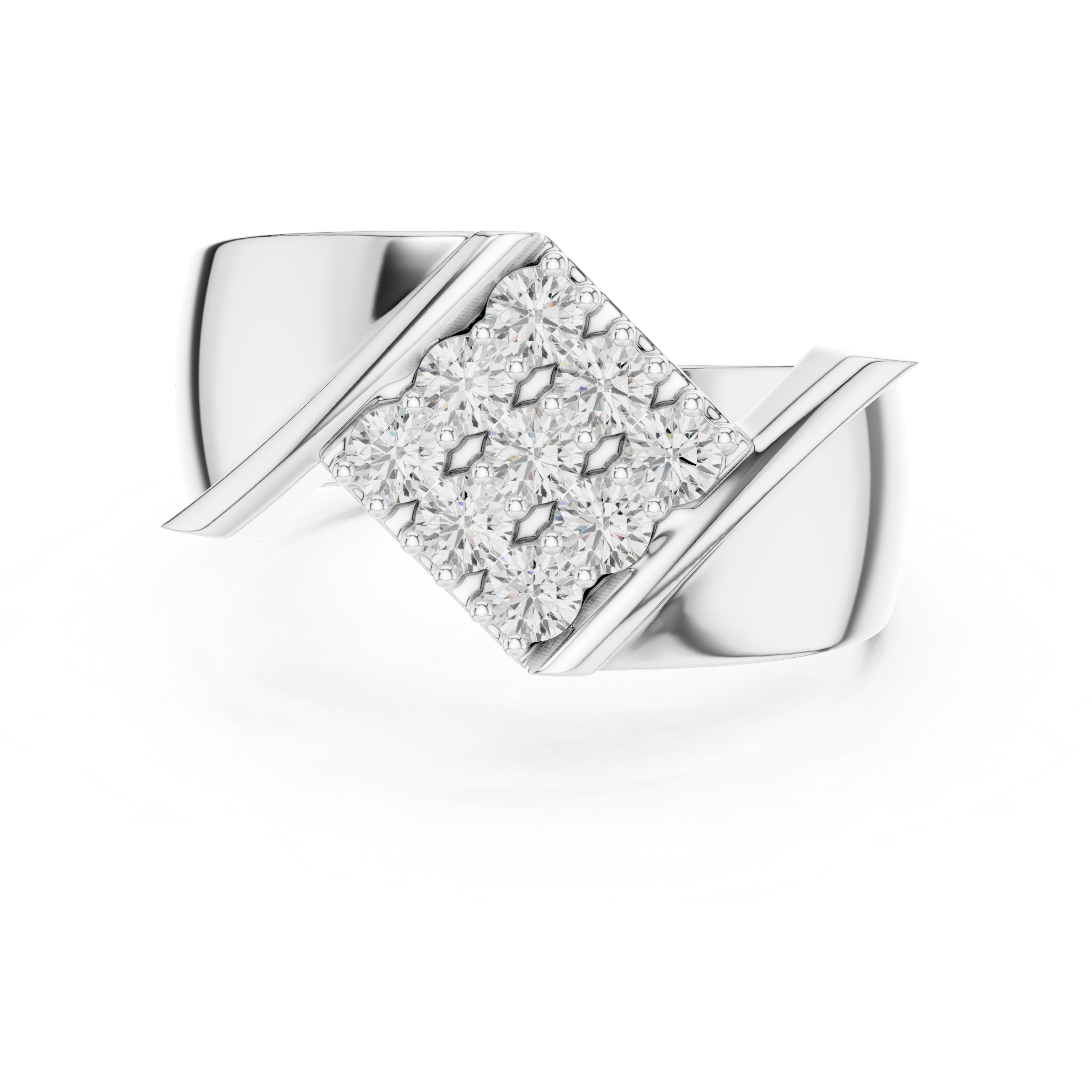 Round Cut Diamond Cluster Diagonal Signet Style Band Ring