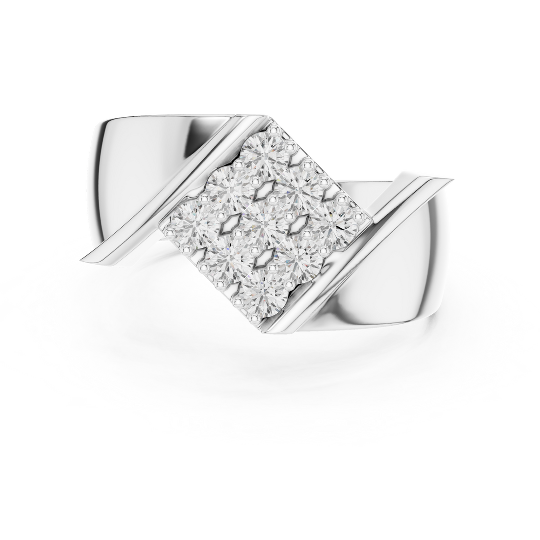 Round Cut Diamond Cluster Diagonal Signet Style Band Ring