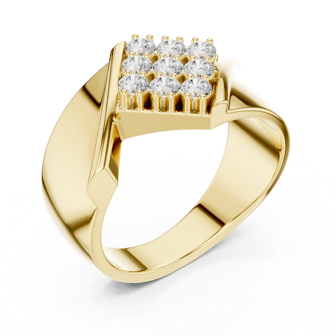 Round Cut Diamond Cluster Diagonal Signet Style Band Ring